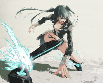 Rule 34 | 1girl, belt, black belt, black boots, black jacket, black order uniform, black skirt, blue fire, boots, breasts, cleavage, collared jacket, cross, crying, d.gray-man, dust, electricity, emblem, fighting stance, fire, floating hair, frilled skirt, frills, frown, green hair, grey background, grey eyes, hair between eyes, hand on ground, highres, horizontal-striped belt, jacket, l-phy, legs, lenalee lee, long hair, long sleeves, looking to the side, medium breasts, miniskirt, open mouth, parted bangs, scar, scar on face, shadow, sidelocks, skirt, solo, squatting, streaming tears, striped belt, striped clothes, striped jacket, tears, thigh marking, thighs, torn, torn clothes, torn jacket, twintails, unbuttoned jacket, vertical-striped clothes, vertical-striped jacket, white wrist cuffs, wrist cuffs