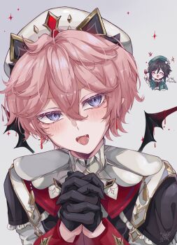 +++ 2boys ^_^ beret black_gloves black_hair blue_eyes blush braid chibi closed_eyes commentary dahlia_(genshin_impact) fangs frilled_sleeves frills genshin_impact gloves gradient_hair green_hair green_hat grey_background hair_between_eyes hat highres looking_at_viewer male_focus multicolored_hair multiple_boys open_mouth own_hands_clasped own_hands_together pink_hair short_hair tassel twin_braids upper_body vanillashiii venti_(genshin_impact) white_hat wings