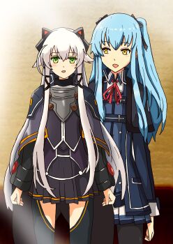 Rule 34 | 2girls, absurdres, altina orion, animal ear hairband, animal ears, armor, black hairband, blue hair, cat ear hairband, cat ears, commentary request, cosplay, costume switch, eiyuu densetsu, fake animal ears, green eyes, hairband, highres, multiple girls, open mouth, plate armor, red ribbon, ribbon, sen no kiseki (series), simple background, thors military academy branch campus uniform, tio plato, white hair, yellow eyes, zero no kiseki