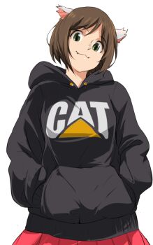 Rule 34 | 10s, 1girl, 71 (nanaichi drafting), :3, animal ears, brown hair, cat ears, caterpillar (company), clothes writing, company name, copyright name, fang, fang out, female focus, green eyes, hands in pocket, hands in pockets, hood, hoodie, idolmaster, idolmaster cinderella girls, logo, maekawa miku, product placement, pun, short hair, simple background, smile, solo