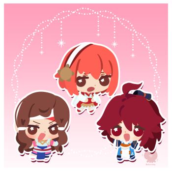 1boy 2girls brown_eyes chibi chibi_only fire_emblem fire_emblem_fates hairband hana_(fire_emblem) highres japanese_clothes kobanzme looking_at_viewer multiple_girls nintendo open_mouth pink_eyes pink_hair red_eyes red_hair sakura_(fire_emblem) subaki_(fire_emblem) white_hairband