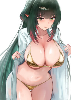 1girl absurdres arknights arknights:_endfield bikini breasts closed_mouth commentary_request dragon_girl gold_bikini green_hair hair_between_eyes highres hiun64 large_breasts long_hair looking_at_viewer navel pointy_ears revision shirt simple_background smile solo stomach swimsuit thighs very_long_hair white_background white_shirt yellow_eyes zhuang_fangyi_(arknights)