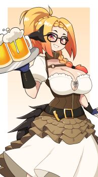 1girl alcohol au_ra beer beer_mug black-framed_eyewear blonde_hair breasts cleavage commission cup daigada eyes_visible_through_hair final_fantasy final_fantasy_xiv glasses gradient_hair highres holding holding_tray large_breasts long_hair looking_at_viewer mug multicolored_hair open_mouth orange_hair original puffy_short_sleeves puffy_sleeves red_eyes short_sleeves smile tray two-tone_hair