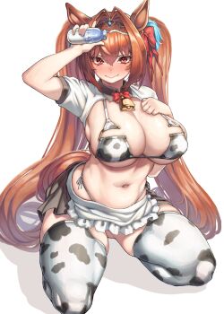 1girl absurdres alternate_costume animal_ears animal_print apron arm_up bell bikini black_skirt blush bottle bow bowtie breasts brown_hair cleavage closed_mouth commentary cow_print cow_print_bikini cow_print_thighhighs cowbell daiwa_scarlet_(umamusume) florida_bikini frilled_apron frills glass_bottle hair_intakes highleg highleg_bikini highres holding holding_bottle horse_ears horse_girl horse_tail kneeling large_breasts long_hair looking_at_viewer milk_bottle miniskirt navel neck_bell print_bikini print_thighhighs red_bow red_bowtie red_eyes short_sleeves shrug_(clothing) side-tie_bikini_bottom simple_background skirt solo stomach swimsuit symbol-only_commentary tail thick_thighs thighhighs thighs tiara umamusume utsuke_(u_tuk_e) very_long_hair waist_apron white_apron white_background white_shrug