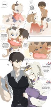 1boy 2girls absurdres aged_down ahoge animal_ears blue_eyes blue_hairband blush bow brown_hair doli_palta ear_covers ear_ornament ear_ribbon fang grey_hair grey_tail gym_shirt hair_between_eyes hair_ornament hairband head_only headband highres horse_ears horse_girl horse_tail imagining jacket kasamatsu_tracen_training_uniform long_hair long_sleeves multicolored_hair multicolored_hairband multicolored_jacket multiple_girls oguri_cap_(umamusume) open_mouth pants ponytail purple_jacket purple_pants purple_track_suit red_headband shirt shorts smile striped_clothes striped_hairband tail tamamo_cross_(umamusume) track_jacket track_pants track_suit trainer_(umamusume) two-tone_hairband two-tone_jacket umamusume umamusume:_cinderella_gray yellow_eyes