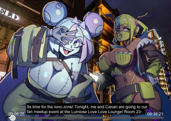2girls bathsalts blonde_hair blue_eyes breasts canari_(pokemon) dark-skinned_female dark_skin fake_screenshot fake_video hair_ornament halloween halloween_costume highres iono_(pokemon) jacket livestream looking_at_viewer mask mouth_mask multicolored_hair multiple_girls nintendo pink_hair pokemon pokemon_legends:_z-a pokemon_sv split-color_hair teeth twintails two-tone_hair yellow_jacket