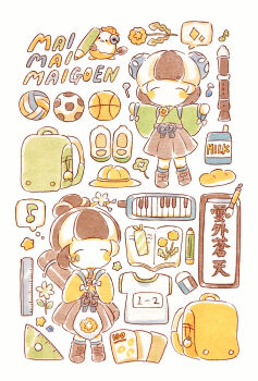 2girls absurdres backpack bag closed_eyes commentary_request copyright_name eraser flute hakama hakama_skirt highres instrument japanese_clothes keyboard_(instrument) lime_(maimaimaigoen) lion_(maimaimaigoen) maimaimaigoen melodica multiple_girls no_mouth no_nose pencil protractor recorder skirt socks speech_bubble thought_bubble traditional_media wide_sleeves yukichi_0611