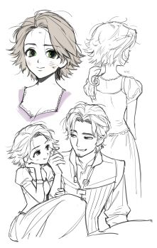 1boy 1girl absurdres animal animal_on_shoulder brown_hair chameleon closed_mouth curtained_hair dilated_pupils dirty dirty_face dress facial_hair finger_to_another's_cheek flynn_rider forehead freckles goatee_stubble green_eyes grin hand_on_own_cheek hand_on_own_face head_tilt highres jjojjo110110 juliet_sleeves lace_trim long_sleeves looking_at_another looking_at_viewer messy_hair official_alternate_hair_length official_alternate_hairstyle parted_bangs partially_colored partially_open_shirt pascal_(tangled) puffy_sleeves raised_eyebrow rapunzel_(disney) shirt short_hair smile smirk spiked_hair stubble tangled