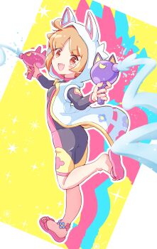 1girl ahoge animal_ear_hood bodysuit brown_eyes brown_hair cloak coat commentary_request diving_suit fake_animal_ears fang flower_anklet highres holding holding_water_gun hood jazz_grace looking_at_viewer open_mouth pink_sandals projected_inset puyopuyo puyopuyo_quest rebecca_(puyopuyo_quest) sandals silhouette skin_fang sleeveless sleeveless_coat solo sparkle standing standing_on_one_leg toes water water_gun wetsuit