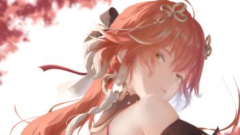 1girl absurdres black_collar braid changli_(wuthering_waves) collar commentary from_side hair_extensions hair_ornament highres long_hair myosotis0608227 orange_hair portrait ring_hair_extensions solo twin_braids white_hair wuthering_waves