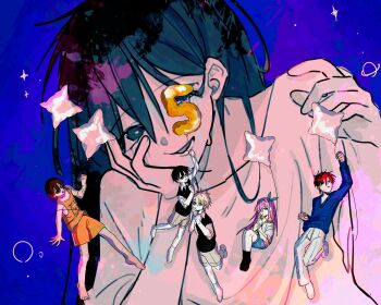 2girls 4boys alternate_color antenna_hair arm_up aubrey_(faraway)_(omori) aubrey_(omori) balloon barefoot basil_(faraway)_(omori) basil_(omori) black_eyes black_hair black_socks black_sweater_vest blonde_hair blue_eyes blue_hairband blue_skirt bright_pupils brother_and_sister brothers brown_hair brown_shorts closed_mouth collared_shirt colored_skin commentary danmuji_07 denim denim_skirt dress english_commentary grey_pants hairband hero_(faraway)_(omori) hero_(omori) highres holding holding_balloon jacket kel_(faraway)_(omori) kel_(omori) long_hair long_sleeves looking_at_another looking_at_viewer lower_teeth_only multiple_boys multiple_girls omori one_eye_closed open_mouth orange_shorts pants pink_hair shirt short-sleeved_jacket short_sleeves shorts siblings sidelocks skirt smile socks sunny_(omori) sweater_vest teeth white_dress white_jacket white_pupils white_shirt white_skin white_socks