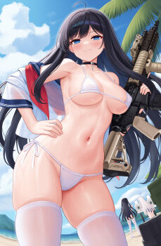 3girls absurdres ahoge allenes assault_rifle bikini black_choker black_hair blue_buruma blue_eyes blue_sailor_collar blue_sky buruma choker closed_mouth clothes_pull cloud collarbone commentary_request cross cross_choker day gun hand_on_own_hip highres holding holding_gun holding_weapon long_hair multiple_girls navel neckerchief no_pants ocean original outdoors palm_leaf red_neckerchief rifle sailor_collar school_uniform serafuku shirt shirt_pull short_sleeves side-tie_bikini_bottom sky smile solo_focus standing stomach summer_uniform swimsuit thighhighs thighs undone_neckerchief very_long_hair weapon wet wet_clothes wet_shirt white_bikini white_hair white_shirt white_thighhighs