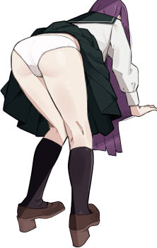 1girl absurdres ass ass_focus bent_over black_socks cameltoe clothes_lift commentary_request contemporary fern_(sousou_no_frieren) highres kneehighs kneepits long_hair panties pleated_skirt purple_hair sattinittas school_uniform serafuku skirt skirt_lift socks solo sousou_no_frieren underwear white_background white_panties