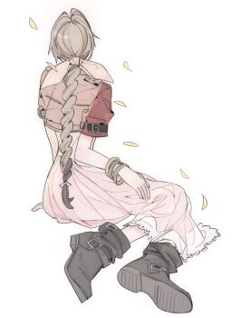 Rule 34 | 1girl, aerith gainsborough, arm support, black boots, blonde hair, boots, bracelet, braid, commentary, dress, english commentary, facing away, falling leaves, final fantasy, final fantasy vii, from behind, full body, highres, jewelry, leaf, lentymet, long hair, pink dress, shoe soles, simple background, sitting, solo, white background