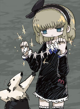 1girl animal anteater black_bow black_dress black_hairband blonde_hair bow bow_hairband closed_mouth colored_eyelashes dress expressionless grey_background hairband lace lace-trimmed_dress lace-trimmed_hairband lace-trimmed_thighhighs lace_trim medium_hair naaaaaaaa no_nose object_in_pocket original paper_doll paper_doll_chain pocket scissors short_dress simple_background solo sparkle thighhighs