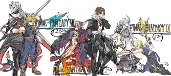 1girl 5boys amano_yoshitaka_(style) armor back-to-back baggy_pants bare_shoulders belt black_boots black_coat black_gloves black_jacket black_pants blonde_hair blue_eyes blue_pants blue_shirt blue_vest boots breasts brown_belt brown_boots brown_gloves brown_hair buster_sword bykillt cat_tail cleavage cloud_strife coat copyright_name cropped_jacket facial_mark feather_hair_ornament feathers final_fantasy final_fantasy_ix final_fantasy_vii final_fantasy_viii gloves grey_hair hair_horns hair_ornament highres holding holding_sword holding_weapon jacket kneeling kuja long_coat long_hair low_ponytail medium_breasts midriff multiple_boys pants parted_bangs pauldrons plunging_neckline ponytail scar scar_on_face scar_on_forehead sephiroth shirt short_hair shoulder_armor single_pauldron sketch spiked_hair squall_leonhart suspenders sword tail ultimecia vest weapon weapon_on_back white_sleeves zidane_tribal