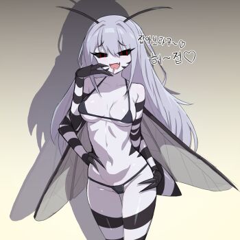 1girl absurdres antennae arm_behind_back arthropod_girl bikini black_bikini black_claws black_sclera black_skin breasts cleavage colored_sclera colored_skin commentary_request crotch extra_arms fang gradient_background grey_hair hand_on_own_face hand_on_own_hip heart highres insect_wings korean_commentary korean_text looking_at_viewer medium_breasts mesugaki micro_bikini monster_girl mosquito_girl multicolored_skin original pale_skin prim_(fsze8572) red_eyes shadow skin_fang solo string_bikini swimsuit tongue tongue_out two-tone_skin underboob wings yellow_background
