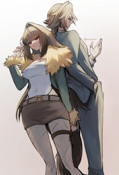 1boy 1girl back-to-back belted_skirt breasts brother_and_sister brown_hair brown_skirt brown_tail cleavage covered_navel droopy_ears earrings fishnet_pantyhose fishnets formal_clothes fur-trimmed_jacket fur-trimmed_sleeves fur_trim glasses green_jacket green_suit grey_background half-closed_eyes hand_in_pocket hand_up highres jacket jewelry large_breasts long_hair looking_at_viewer multiple_rings official_alternate_costume open_clothes pantyhose parted_lips red_eyes ring shirt siblings silver_ring skirt suit tail thigh_strap twitter_username white_shirt yasiro_hayate zenless_zone_zero