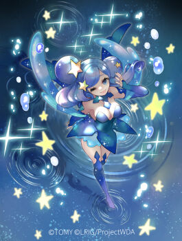 1girl blue_dress blue_eyes blue_hair blue_theme breasts cleavage closed_mouth copyright_notice dress hair_ornament looking_at_viewer medium_breasts medium_hair milulun_(wixoss) official_art one_eye_closed ren-co solo star_(symbol) star_hair_ornament tongue tongue_out water wixoss