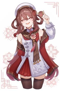 1girl arm_up artist_name black_thighhighs blush brown_hair brown_scarf chinese_clothes commentary cowboy_shot cropped_legs detached_sleeves dress flower flower-shaped_pupils genshin_impact hair_between_eyes hair_rings hat highres holding holding_removed_eyewear hu_tao_(cherries_snow-laden)_(genshin_impact) hu_tao_(genshin_impact) long_hair looking_at_viewer official_alternate_costume open_mouth red-tinted_eyewear red_eyes red_skirt round_eyewear scarf skirt smile solo sunglasses suwa_(swk_kkk) symbol-shaped_pupils tassel thighhighs tinted_eyewear twitter_username unworn_eyewear watermark white_dress white_hat white_sleeves yellow-framed_eyewear zettai_ryouiki