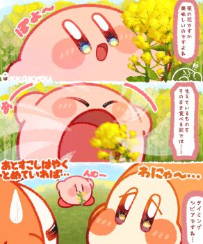 :d blue_eyes blush_stickers brown_eyes closed_eyes commentary_request day flower highres inhaling kirby kirby_(series) nintendo no_humans one-eyed open_mouth outdoors smile sweatdrop tokkakyou translation_request waddle_dee waddle_doo yellow_flower |_|
