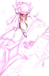 1girl animal_ears artist_name blurry chest_jewel chromatic_aberration closed_mouth colored_skin depth_of_field diancie female_focus full_body gem gen_6_pokemon grey_skin happy highres holding holding_polearm holding_weapon legendary_pokemon long_hair looking_at_viewer mega_diancie mega_pokemon mythical_pokemon neverland+ nintendo pink_gemstone pink_hair pokemon pokemon_(creature) polearm red_eyes red_pupils sidelocks signature simple_background smile solo spear twitter_username weapon white_background