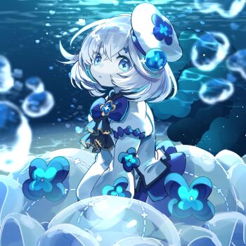 Rule 34 | 1girl, beret, blue dress, blue eyes, dress, flower, hair ornament, hat, highres, jellia (p&amp;d), kuuron (moesann17), open mouth, puzzle &amp; dragons, short hair, solo, underwater, white dress, white hair