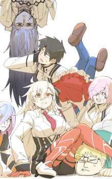 3boys 4girls azrael_(grand_assassin)_(fate) black_eyes black_gloves black_hair black_shirt blonde_hair blue_eyes blue_hair blue_pantyhose braid brown_shoes cerejeira_elron closed_eyes commentary_request dress expressionless fate/grand_order fate_(series) frills fujimaru_ritsuka_(male) fujimaru_ritsuka_(male)_(decisive_battle_chaldea_uniform) glasses gloves hair_between_eyes highres jacket jingle_abel_meuniere kankan33333 leonardo_da_vinci_(fate) leonardo_da_vinci_(fate/grand_order) leonardo_da_vinci_(rider)_(fate) long_hair long_sleeves looking_at_viewer mash_kyrielight mash_kyrielight_(chaldea_uniform) multiple_boys multiple_girls necktie olga_marie_animusphere olga_marie_animusphere_(unbeast) orange_eyes orange_gloves orange_pantyhose pantyhose purple_eyes purple_hair red_dress red_necktie scar scar_on_face shirt shoes short_hair simple_background single_braid sitting sweatdrop teeth turtleneck upside-down white_background white_hair white_jacket white_shirt white_shoes