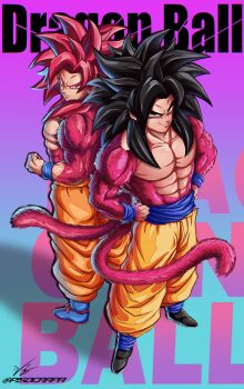 2boys abs absurdres black_hair blue_boots body_fur boots copyright_name dragon_ball dragon_ball_daima dragon_ball_gt hands_on_own_hips highres in-franchise_crossover male_focus monkey_tail multiple_boys muscular muscular_male orange_pants pants pisocarpa purple_background red_eyes red_fur red_hair red_tail signature simple_background son_goku super_saiyan super_saiyan_4 tail twitter_username yellow_eyes