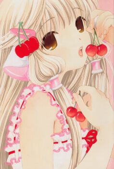 00s 1girl barette blonde_hair brown_eyes cherry chii chobits clamp dress female_focus food food-themed_clothes food-themed_hair_ornament fruit hair_ornament highres holding holding_food holding_fruit lips long_hair open_mouth orange_eyes ribbon-trimmed_dress ribbon_trim robot_ears solo