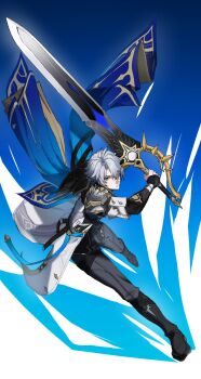 1boy armor belt black_boots black_choker black_pants blue_cape blue_eyes boots cape choker closed_mouth crossed_bangs full_body grey_hair hair_between_eyes hand_up highres holding holding_sword holding_weapon honkai:_star_rail honkai_(series) looking_at_viewer male_focus neck_tattoo pants parted_bangs pasedoro2 pauldrons phainon_(honkai:_star_rail) short_hair shoulder_armor single_pauldron solo sword tattoo two-sided_cape two-sided_fabric weapon yellow_cape yellow_pupils