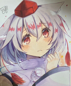 1girl :s animal_ear_fluff animal_ears arm_up bad_booth_id bad_id black_trim blush brown_background closed_mouth commentary_request crossed_bangs detached_sleeves ears_down hair_between_eyes hat hoshi_tea_party inubashiri_momiji long_sleeves medium_hair partial_commentary pom_pom_(clothes) red_eyes red_hat shikishi shirt signature simple_background solo tassel tokin_hat touhou upper_body white_background white_hair white_shirt wide_sleeves wolf_ears wolf_girl