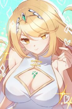 Rule 34 | 1girl, aqua background, bare arms, blonde hair, breasts, chest jewel, china dress, chinese clothes, cleavage, cleavage cutout, closed mouth, clothing cutout, commentary, core crystal (xenoblade), dated commentary, dress, earrings, eyes visible through hair, finger heart, glint, grid background, hair over one eye, hand up, heart, highres, jewelry, large breasts, light blush, long hair, looking at viewer, mythra (xenoblade), sideless dress, smile, solo, sparkle, swept bangs, tiara, upper body, white dress, xenoblade chronicles (series), xenoblade chronicles 2, zer00han