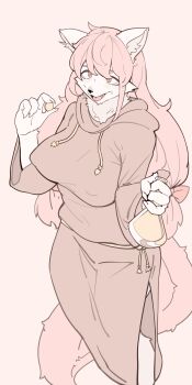 1girl 3gs :3 animal_ear_fluff animal_ears animal_nose body_fur bow breasts cloak coin cork covered_erect_nipples drawstring erlenmeyer_flask fang female_focus flask flat_color furry furry_female hair_bow hands_up highres holding holding_coin holding_flask hood hood_down hooded_cloak large_breasts long_hair looking_afar low-tied_long_hair matching_hair/eyes mature_female monochrome nervous nervous_smile open_mouth original pink_background pink_eyes pink_hair pink_theme potion raised_eyebrows red_bow sidelocks simple_background smile snout solo sweat tail tears tongue white_fur wolf_ears wolf_girl wolf_tail