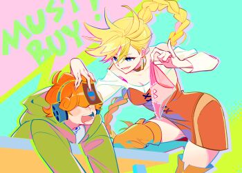 1boy 1girl absurdres banknote blonde_hair blue_eyes blush_stickers boots braid braided_ponytail breasts brief_(psg) bright_pupils brown_boots colorful_background commentary covered_eyes dechel dress earrings english_commentary english_text freckles green_hoodie hair_between_eyes hair_over_eyes hand_on_another's_head headphones highres holding holding_money holding_panties holding_underwear holding_unworn_clothes hood hoodie jewelry long_hair long_sleeves looking_at_another medium_breasts money off-shoulder_dress off_shoulder open_mouth orange_dress orange_hair panties panty_&amp;_stocking_with_garterbelt panty_(psg) pink_panties pinky_out smile thigh_boots underwear unworn_panties very_long_fingernails very_long_hair white_pupils