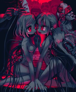 2girls android bad_id bad_pixiv_id breasts cable controller english_text head-mounted_display highres holding holding_controller holding_hands kneeling limited_palette long_hair looking_at_another mechabare mechanical_spine medium_breasts multiple_girls nipples nude open_mouth original people red_eyes short_hair smile standing yu_(stdio_nameraka) yuri