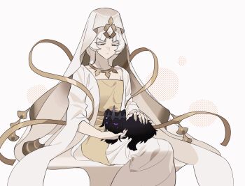 1girl animal animal_on_lap animalization animated animated_gif black_cat breasts bright_pupils brown_eyes cat cat_on_lap chinese_commentary circle closed_eyes closed_mouth coat colored_eyelashes colored_sclera commentary_request cookie_run cookie_run:_kingdom crown dark_cacao_cookie dress feet_out_of_frame fingernails forehead_jewel halftone halftone_background humanization invisible_chair long_dress looking_at_animal mystic_flour_cookie on_lap open_clothes open_coat pale_skin petting purple_sclera sharp_fingernails shime52631 short_dress simple_background single_bare_shoulder sitting small_breasts smile solo strapless strapless_dress sweat three-quarter_sleeves two-tone_dress u_u veil white_background white_coat white_dress white_eyelashes white_hair white_pupils white_veil yellow_dress