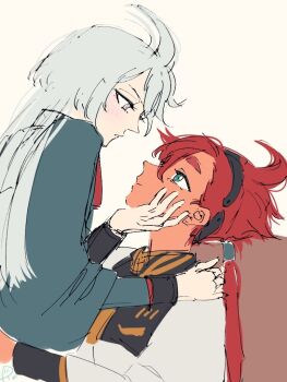 2girls asticassia_school_uniform black_hairband blue_eyes blush closed_mouth commentary green_jacket grey_eyes gundam gundam_suisei_no_majo hairband hand_on_another&#039;s_face hand_on_another&#039;s_shoulder jacket long_hair miorine_rembran multiple_girls parted_lips ponytail red_hair school_uniform simple_background sitting sitting_on_lap sitting_on_person suletta_mercury surfacedxxc thick_eyebrows white_hair white_jacket yellow_background yuri