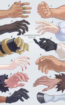 1girl 6+boys aokiji_(one_piece) artist_name avalo_pizarro black_gloves catarina_devon doc_q fur_sleeves gauntlets gloves grey_background hand_focus highres hooves horse jesus_burgess jewelry lafitte_(one_piece) marshall_d._teach multiple_boys multiple_rings numbered one_piece pale_skin polka_dot ring simple_background stronger_(one_piece) tan thick_arm_hair van_augur vasco_shot veins veiny_hands youkan_(tako)