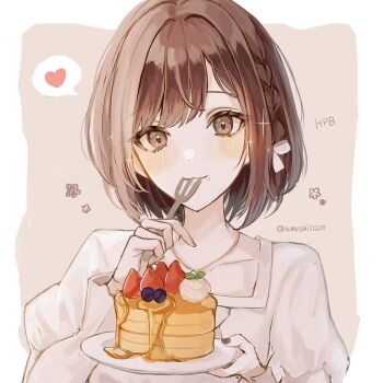 Rule 34 | 1girl, :3, ameshi0227, black nails, blueberry, blush, bob cut, border, bow, braid, brown background, brown eyes, brown hair, closed mouth, collarbone, commentary request, eating, food, fork, fruit, hair bow, hands up, happy birthday, heart, highres, holding, holding fork, holding plate, jewelry, juliet sleeves, leaf, long sleeves, looking at food, nail polish, necklace, outside border, pancake, pancake stack, plate, project sekai, puffy sleeves, shinonome ena, shirt, short hair, simple background, single braid, solo, sparkle, spoken heart, strawberry, swept bangs, syrup, twitter username, upper body, white border, white bow, white shirt