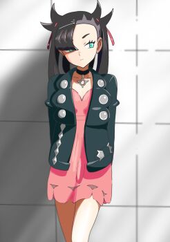 1girl arms_behind_back asymmetrical_bangs black_choker black_hair black_jacket choker closed_mouth cowboy_shot dress expressionless green_eyes hair_ribbon highres jacket marnie_(pokemon) moyamon7 nintendo pink_dress pokemon pokemon_swsh red_ribbon ribbon solo twintails undercut