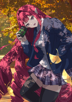 1girl baobhan_sith_(fate) black_thighhighs blue_jacket breasts camera collared_shirt commentary_request fate/grand_order fate_(series) grey_eyes grey_skirt highres jacket ksfactory large_breasts long_hair long_sleeves looking_at_viewer medium_breasts necktie open_mouth pink_hair pointy_ears shirt sidelocks skirt smile solo thighhighs thighs tree