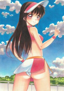 1girl 1990s_(style) ass bare_shoulders blue_sky blush breasts brown_eyes brown_hair clenched_hand cloud cowboy_shot crop_top from_behind future_gpx_cyber_formula halterneck hand_on_own_hip high_collar highres long_hair looking_at_viewer looking_back microskirt midriff navel panties pantyshot race_queen sideboob skirt sky smile sugou_asuka thighs tomoeri traditional_media underwear visor_cap wedgie