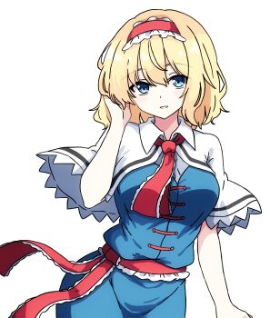 1girl alice_margatroid blonde_hair blue_dress blue_eyes blush breasts capelet commentary dress frilled_hairband frilled_sash frills groin hairband highres lolita_hairband looking_at_viewer pioartstuff red_hairband red_sash sash simple_background solo touhou waist_sash white_background white_capelet