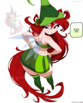 1girl andy_hero ass betilla_(rayman) breasts dialogue_box hands_on_own_hips highres huge_ass long_hair looking_at_viewer looking_back presenting_own_ass presenting_own_body rayman_(series) rayman_origins red_hair spanish_text very_long_hair wings