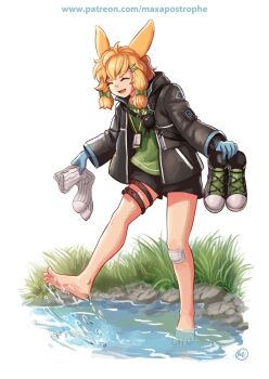 1girl ahoge animal_ears arknights bandaid bandaid_on_knee bandaid_on_leg bare_legs barefoot black_jacket black_shoes black_shorts blue_gloves blue_trim bow braid closed_eyes commentary disposable_gloves english_commentary english_text feet gloves grass green_bow green_shirt green_shoes happy holding holding_shoes holding_sock holding_unworn_clothes hood hood_down id_card in_water jacket kicking kroos_(arknights) lanyard leather_belt long_eyelashes long_hair looking_down maxa' messy_hair multicolored_shoes open_mouth orange_hair patreon_username rabbit_ears rabbit_girl rhodes_island_uniform river rock shirt shoes shorts shoulder_strap signature simple_background smile soaking_feet socks solo splashing spread_toes standing standing_on_one_leg thigh_strap toes tube_socks unworn_shoes unworn_socks watermark web_address white_background white_shoes white_socks wiggling_toes