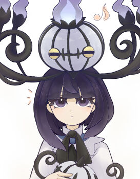 1girl absurdres bob_cut chandelure closed_mouth coat eyelashes gen_5_pokemon gwynn_(pokemon) hat highres holding holding_unworn_clothes holding_unworn_hat long_sleeves looking_at_another looking_up musical_note nintendo on_head pokemon pokemon_(creature) pokemon_legends:_z-a pokemon_on_head purple_eyes short_hair suzu_(pixiv_32232702) unworn_hat unworn_headwear white_background white_coat