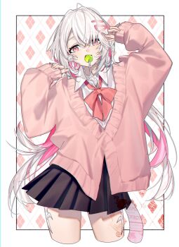 1girl au_ra black_skirt cardigan collared_shirt colored_inner_hair commentary cropped_legs dragon_girl dragon_horns dragon_tail final_fantasy final_fantasy_xiv hair_ornament highres horns lollipop_in_mouth long_hair looking_at_viewer motsuni_(lxxe1120) multicolored_hair pink_hair pleated_skirt red_eyes scales school_uniform shirt skirt solo symbol-only_commentary tail warrior_of_light_(ff14) white_hair white_shirt