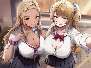 2girls asymmetrical_docking black_skirt blonde_hair blue_nails bow bowtie breast_press breasts cleavage collarbone collared_shirt cowboy_shot dark-skinned_female dark_skin desk gijang green_eyes gyaru hair_ornament hair_scrunchie high_side_ponytail highres huge_breasts indoors kogal long_hair long_sleeves looking_at_viewer loose_bowtie loose_necktie miniskirt multiple_girls nail_polish necktie open_mouth original outstretched_arm partially_unbuttoned pleated_skirt purple_nails purple_scrunchie red_bow red_bowtie red_necktie school_desk school_uniform scrunchie shirt skirt sleeves_rolled_up tongue tongue_out white_shirt window wrist_scrunchie