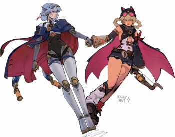 2girls absurdres android animal_ear_headwear animal_ears arm_at_side armpits artist_name asymmetrical_clothes asymmetrical_legwear bandana_around_arm bare_shoulders beanie belt black_hat blonde_hair blue_eyes blue_hair bow_(weapon) braid braided_hair_rings breasts buttons cape center_opening closed_mouth commentary detached_sleeves dutch_angle english_commentary eyewear_on_head fake_animal_ears fingerless_gloves freckles full_body genshin_impact gloves hair_between_eyes hair_bun hair_rings hat highres holding holding_bow_(weapon) holding_hands holding_weapon ineffa_(genshin_impact) jahoda_(genshin_impact) joints kallynnekmi leaning_to_the_side leotard leotard_under_clothes light_smile lips looking_at_another looking_at_viewer low-cut_armhole mechanical_arms mechanical_legs metal_skin mole mole_on_stomach mole_on_thigh multiple_girls multiple_moles no_headwear pink-tinted_eyewear prosthesis prosthetic_arm purple_eyes robot robot_ears robot_girl robot_joints round_eyewear shoes short_shorts shorts simple_background single_glove single_hair_bun single_mechanical_arm single_sleeve single_thighhigh small_breasts standing sunglasses thighhighs tinted_eyewear torn_clothes torn_thighhighs weapon white_background